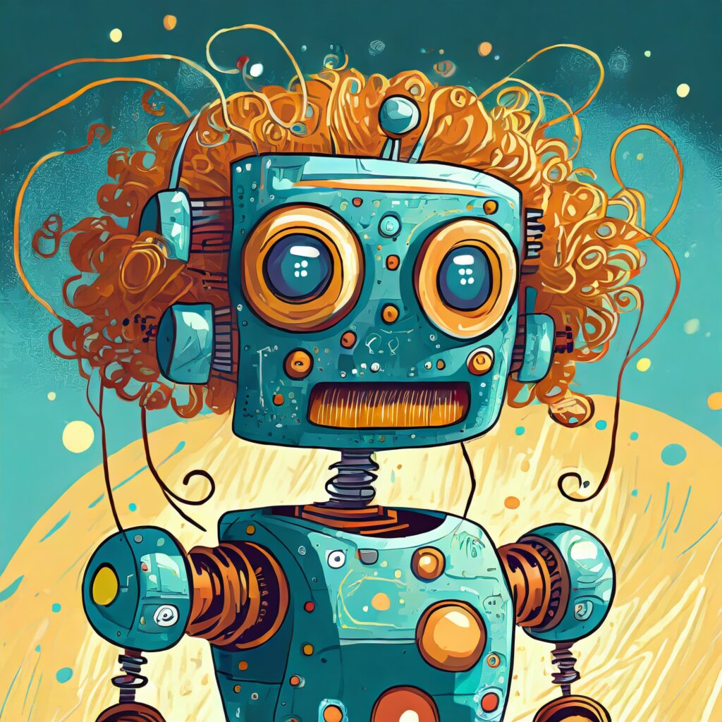 cute illustrated robot with curly red hair