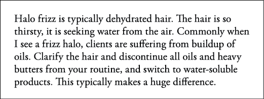 Halo frizz is typically dehydrated hair  The hair is so thirsty, it is seeking water from the air  Commonly when I se   