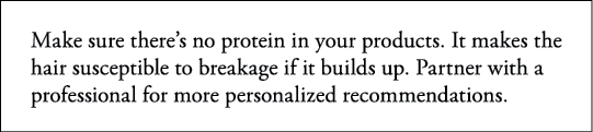 Make sure there s no protein in your products  It makes the hair susceptible to breakage if it builds up  Partner wit   